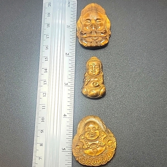 Set of Three Tiger Eye Money Happy Buddas Hand Carved Natural Gemstone Crystal - Picture 10 of 10